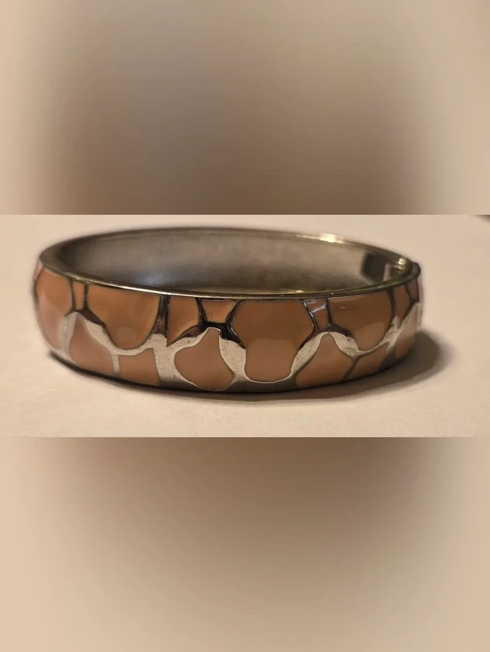 Vintage Light Pink Enamel and Silver-Tone Bangle Bracelet